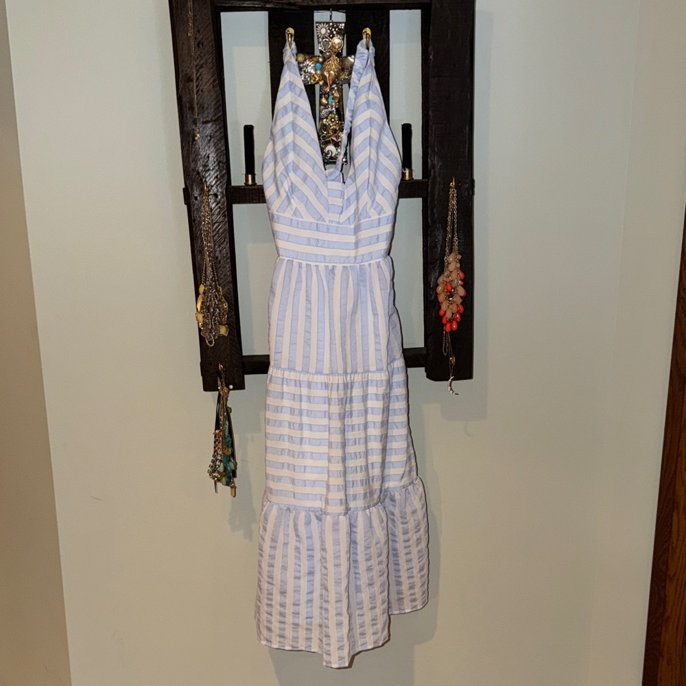 Aqua Backless Blue and White Striped Dress